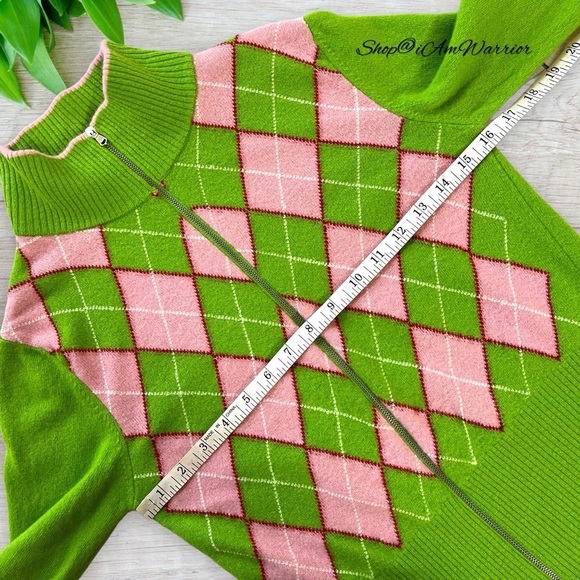 Vintage Benetton Pink & Green Argyle Full Zip Mock Neck Cardigan *iamwarrior - Picture 6 of 8